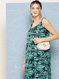 Thumbnail for InWeave Women's Navy Green Big Leaf Print Crepe Kurta Set - Distacart