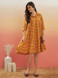 Thumbnail for InWeave Women's Haldi Yellow Mughal Kalamkari Flared Dress - Distacart