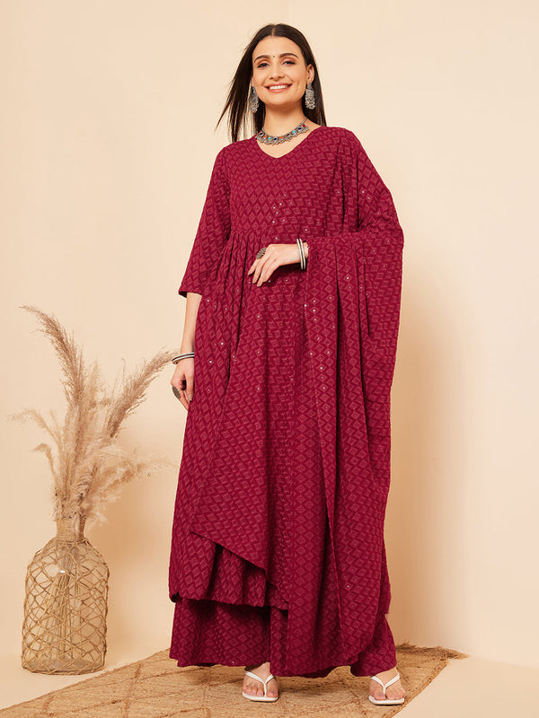 InWeave Women's Maroon Chikankari Long Anarkali Kurta Palazzo Set W Dupatta - Distacart