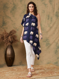 Thumbnail for InWeave Women's Blue Elephant Print Oneshoulder Top - Distacart