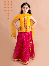 Thumbnail for Girls Magenta Yellow Embroidered Ready To Wear Lehenga Blouse With Dupatta - Mini Marvels - Distacart