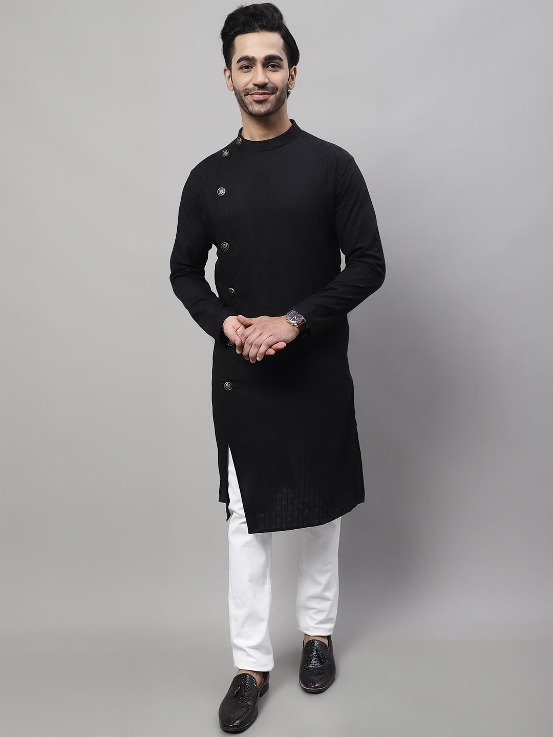 Even Apparels Black Pure Cotton Kurta With Band Collar - Distacart