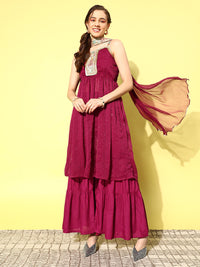 Thumbnail for InWeave Women's Maroon Gota Insert Neckline Sharara Set - Distacart