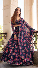 Thumbnail for Pomcha Jaipur Majari Blue Organza Lehenga Set - Distacart