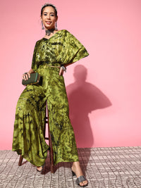 Thumbnail for InWeave Women's Olive Tie And Dye New Neckline Top Culottes Set - Distacart