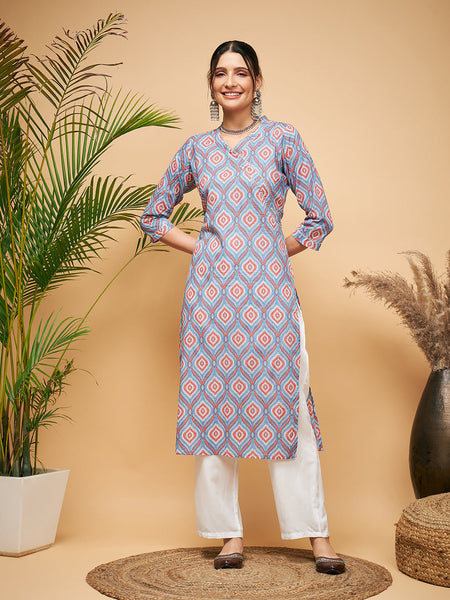 InWeave Women's Blue Pink Print Angrakha Style Straight Kurta Pant Set - Distacart