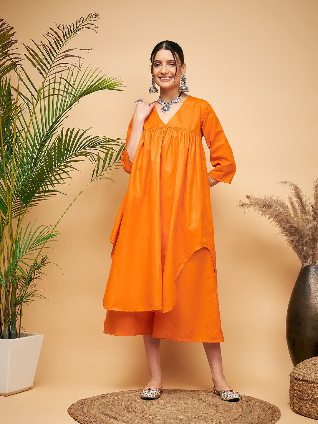 InWeave Women's Orange Flared Kurta Palazzo Set - Distacart