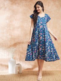 Thumbnail for InWeave Women's Blue Pink Kalamkari A Line Dress - Distacart