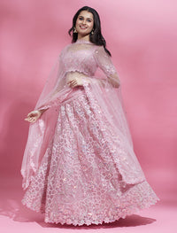 Thumbnail for House of Panchhi Pink Color Net Sequins Work Lehenga - Distacart