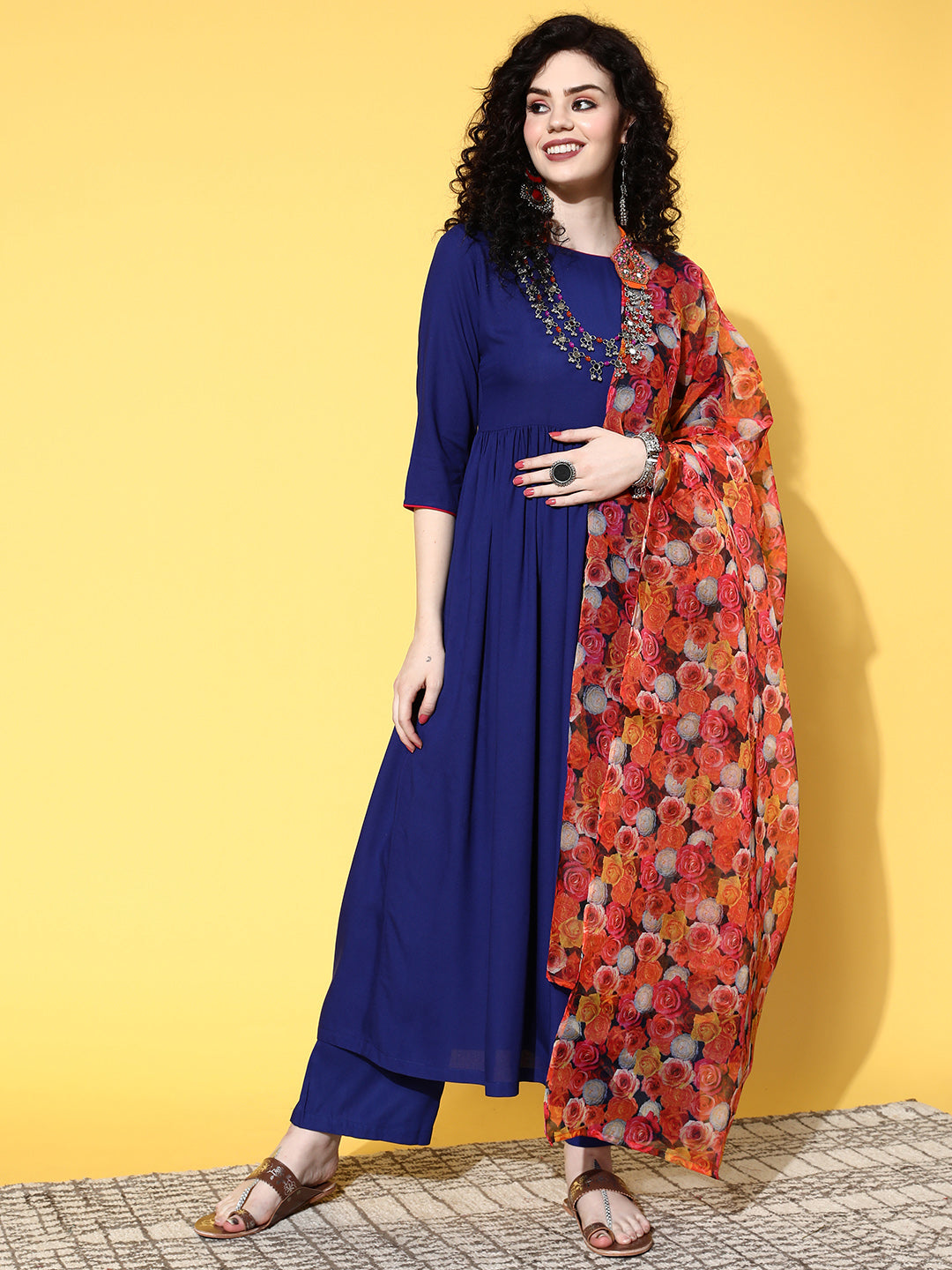 InWeave Women's Ink Blue Long Anarkali Kurta Set With Red Rose Organza Dupatta - Distacart