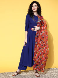 Thumbnail for InWeave Women's Ink Blue Long Anarkali Kurta Set With Red Rose Organza Dupatta - Distacart
