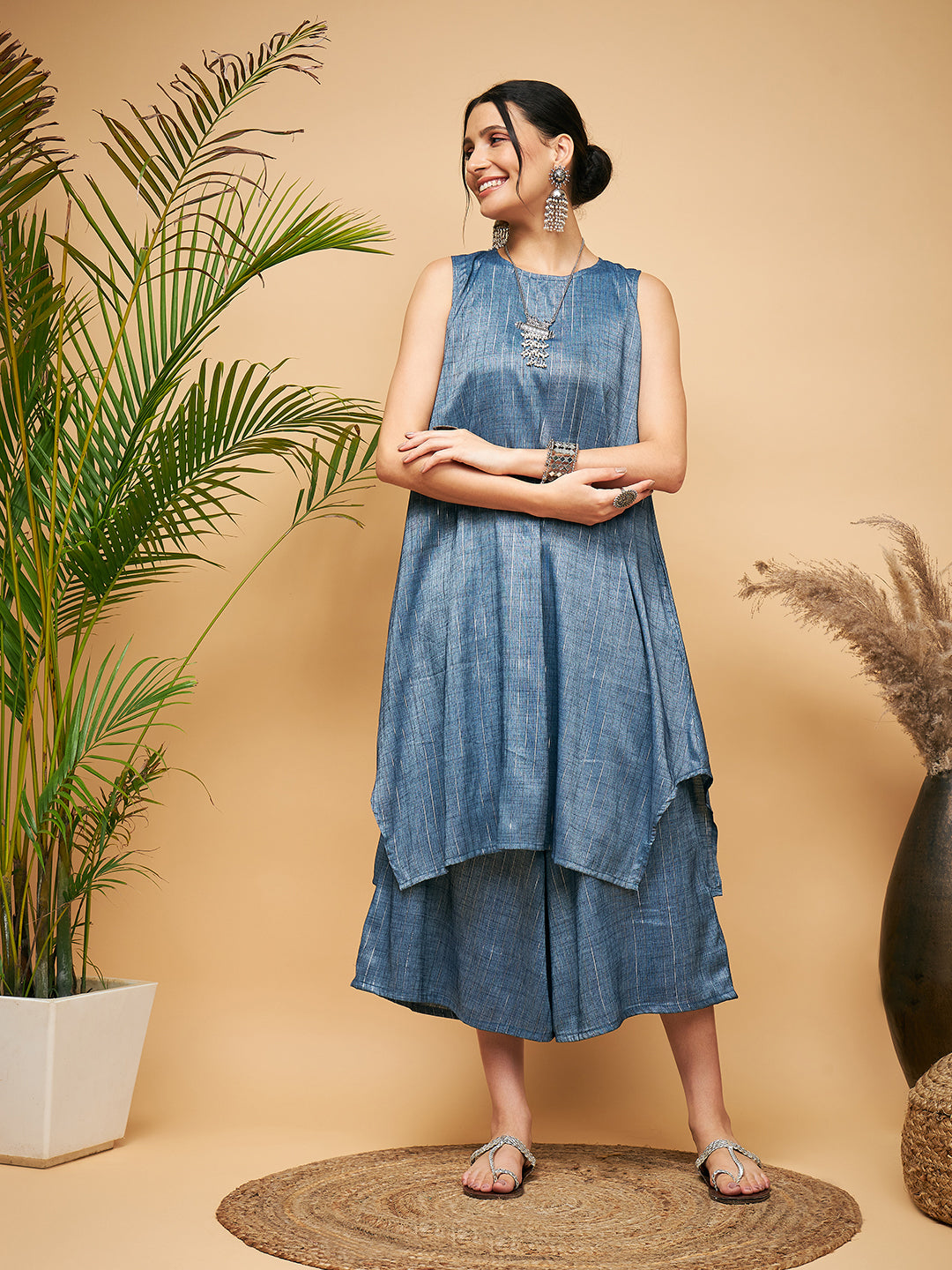 InWeave Women's Blue Lurex Short Pallazo Kurta Set - Distacart