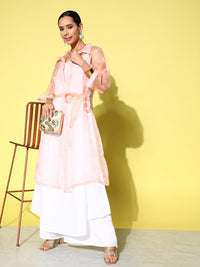 Thumbnail for InWeave Women's Cream Strappy Kurta Set With Peach Organza Cape - Distacart