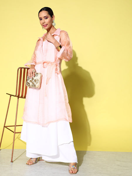 InWeave Women's Cream Strappy Kurta Set With Peach Organza Cape - Distacart