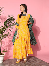 Thumbnail for InWeave Women's Yellow Bandhani Long Anarkali Kurta With Green Bandhani Dupatta - Distacart