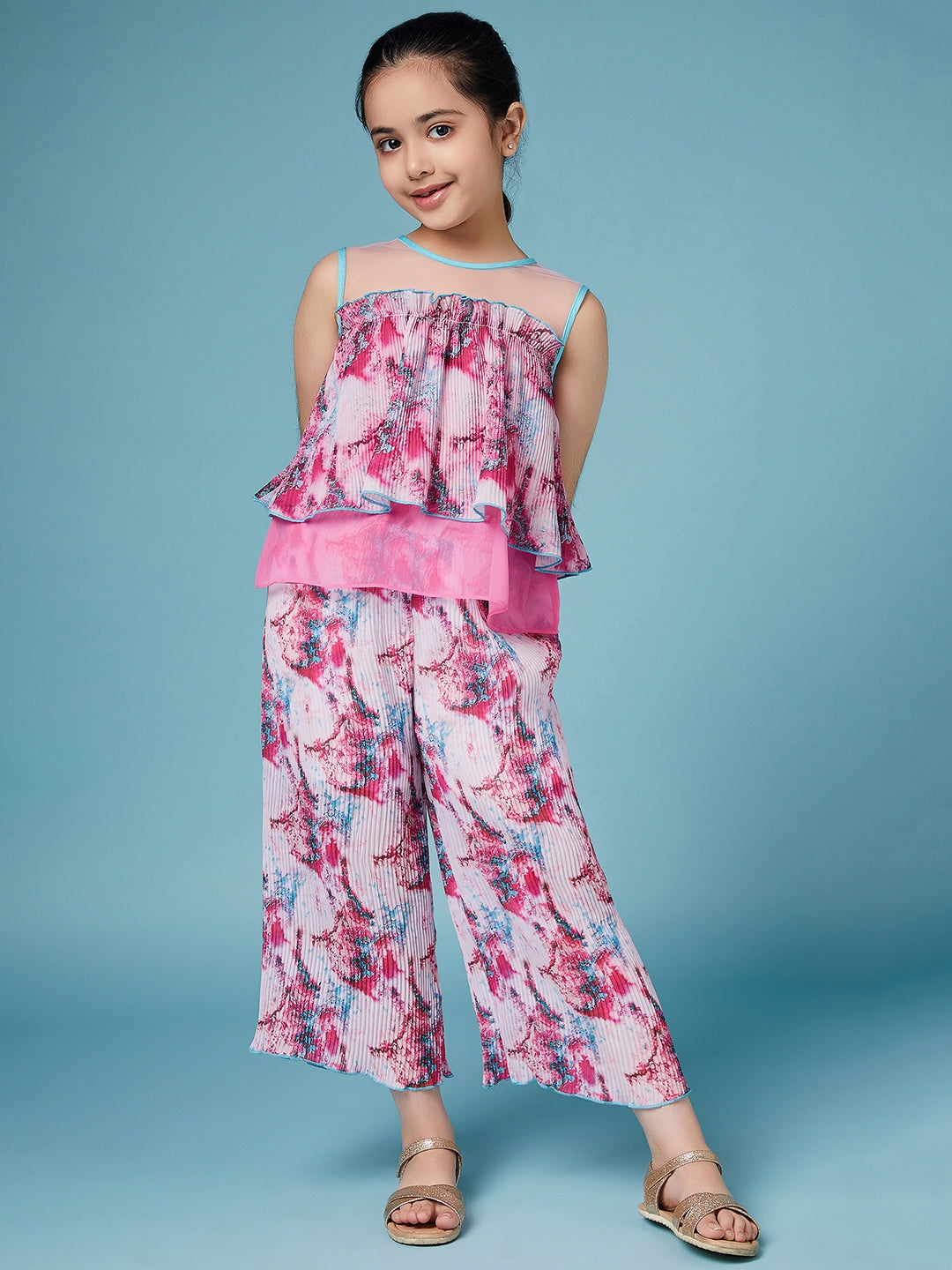 Girls Printed Sleeveless Top With Palazzos - Mini Marvels - Distacart