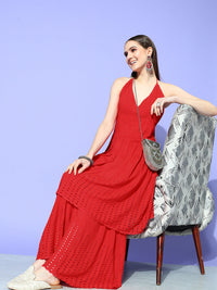 Thumbnail for InWeave Women's Red Lace Work Backless Kurta Sharara Set - Distacart