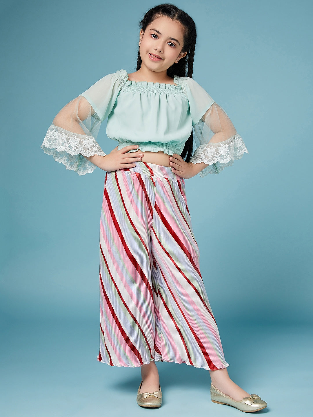 Girls Square Neck Top With Striped Palazzos - Mini Marvels - Distacart