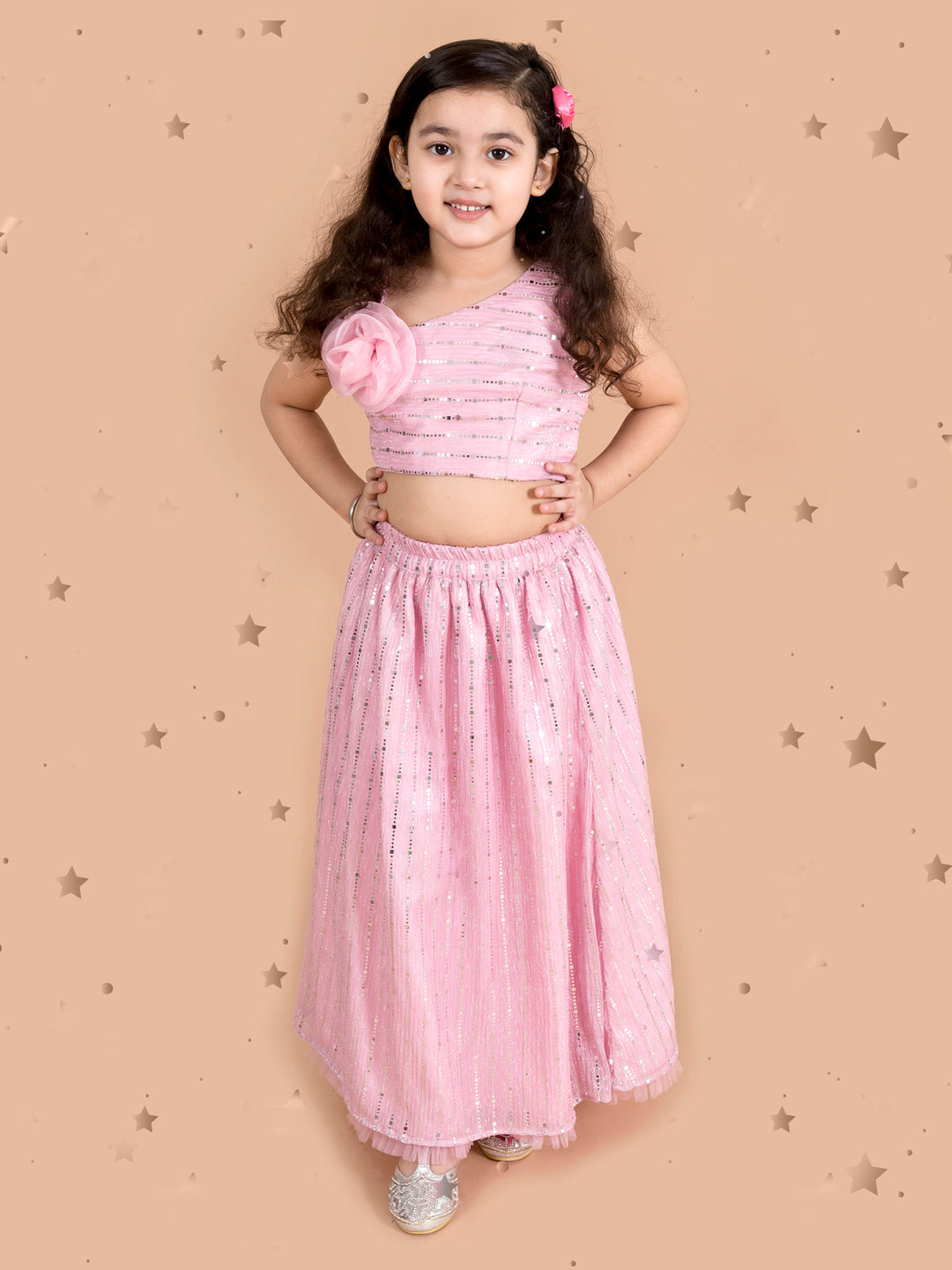 Girls Pink Silver-Toned Embellished Ready To Wear Lehenga - Mini Marvels - Distacart
