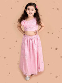 Thumbnail for Girls Pink Silver-Toned Embellished Ready To Wear Lehenga - Mini Marvels - Distacart