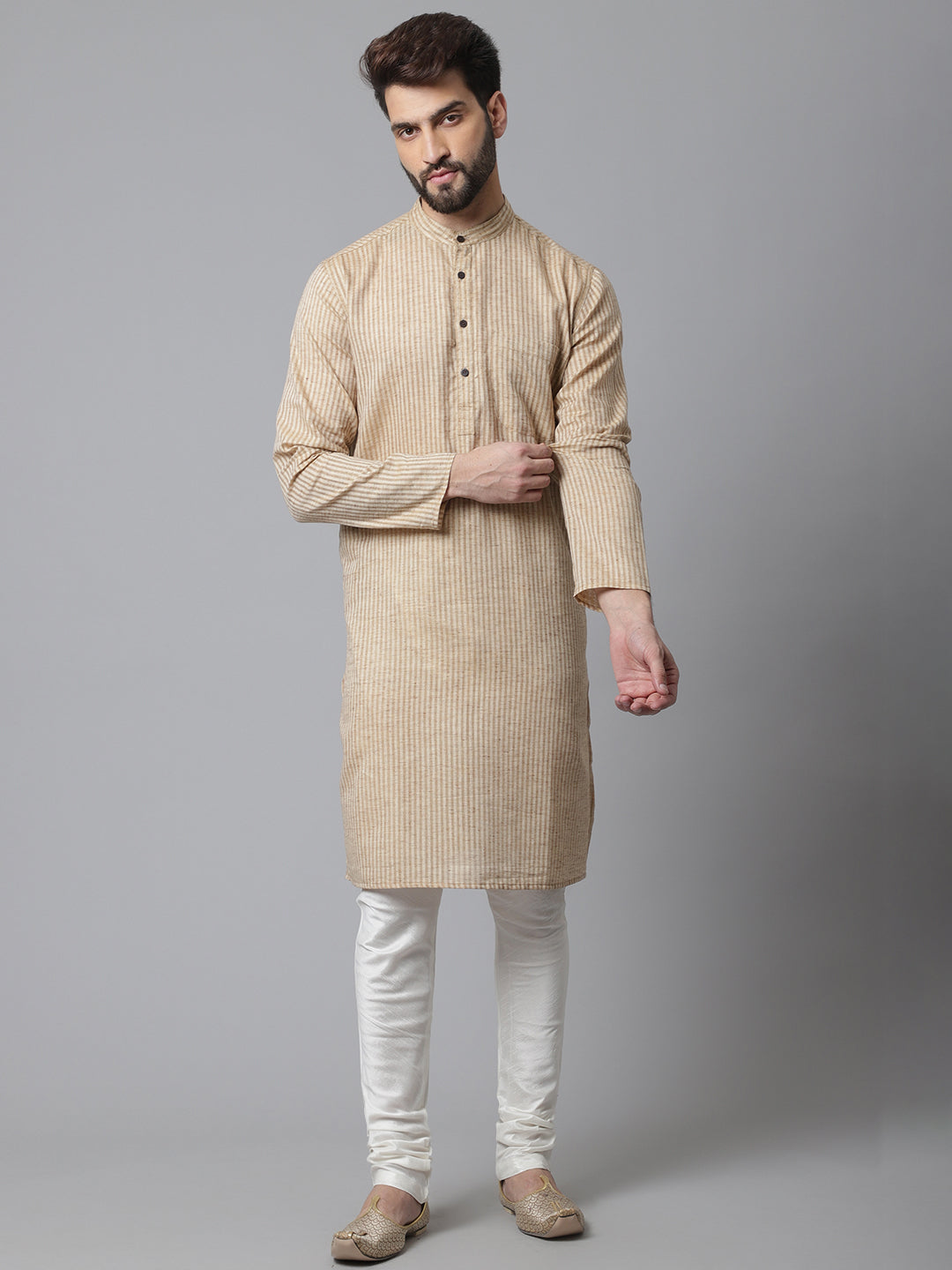 Even Apparels Beige Solid Kurta With Band Collar - Distacart