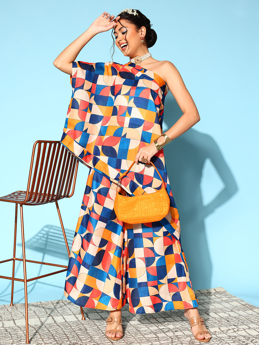 InWeave Women's Multi Geometric Print One Shoulder Top With Palazzo Set - Distacart