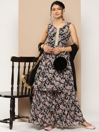 Thumbnail for KSUT (House of Varanga) Black Printed Anarkali Kurta Paired With Sharara And Plain Tonal Dupatta - Distacart