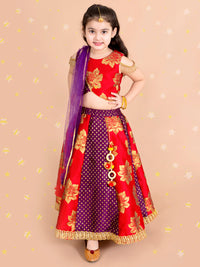Thumbnail for Girls Red Gold-Toned Ready To Wear Lehenga Blouse With Dupatta - Mini Marvels - Distacart