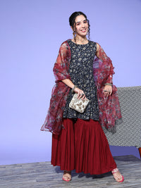 Thumbnail for InWeave Women's Blue Printed Kurta Sharara Set With Burgundy Organza Dupatta - Distacart