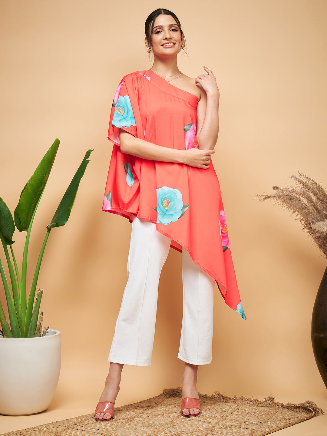 InWeave Women's Dark Orange Pink Blue Flower One Shoulder Kurta - Distacart