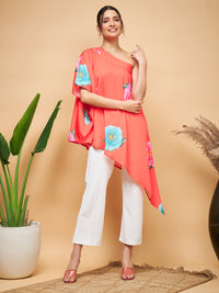 Thumbnail for InWeave Women's Dark Orange Pink Blue Flower One Shoulder Kurta - Distacart