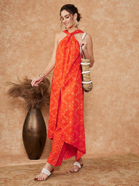 Thumbnail for InWeave Women's Orange S Print Twisted Neckline Kurta Pant Set - Distacart