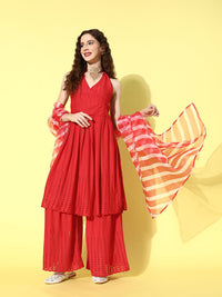 Thumbnail for InWeave Women's Red Lace Work Backless Kurta Sharara Set With Lehariya Dupatta - Distacart