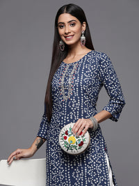 Thumbnail for Varanga Blue Bandhani Print Embroidered Kurta Has Round Neck - Distacart