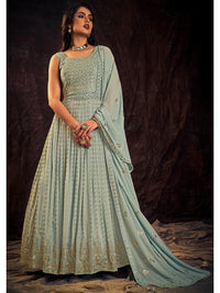 Thumbnail for Myra Light Blue Real Georgette Designer Gown Style Suit - Distacart