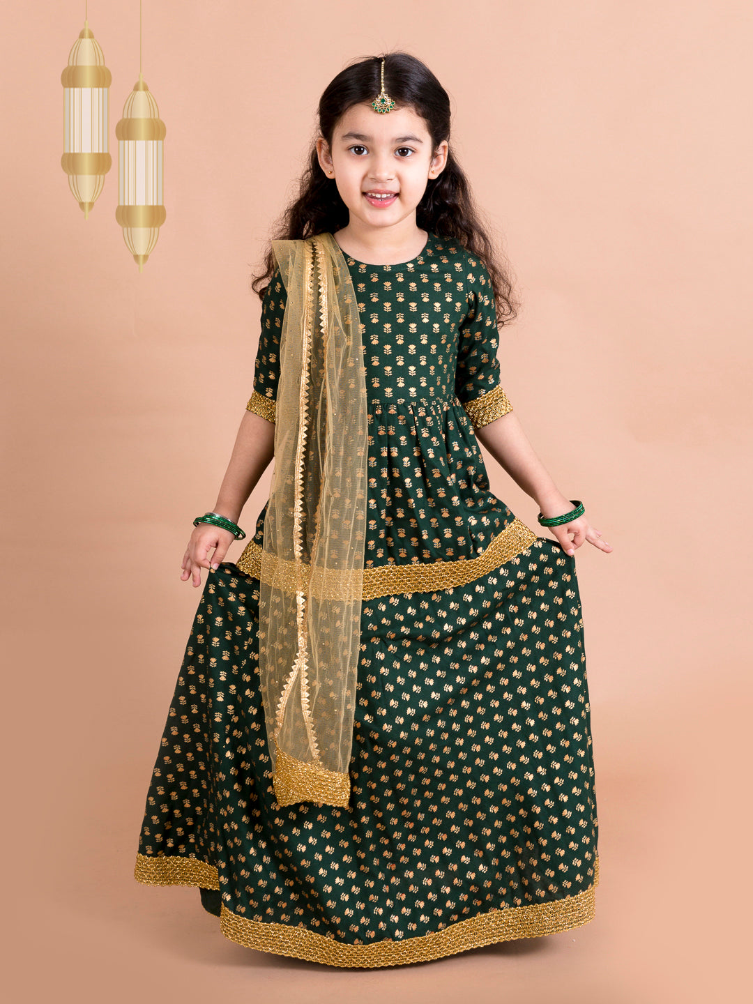 Girls Green Gold-Toned Printed Ready To Wear Lehenga Blouse With Dupatta - Mini Marvels - Distacart