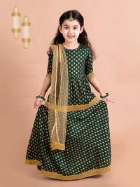 Thumbnail for Girls Green Gold-Toned Printed Ready To Wear Lehenga Blouse With Dupatta - Mini Marvels - Distacart