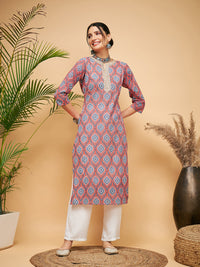 Thumbnail for InWeave Women's Red Blue Ogee Print Gota Straight Kurta - Distacart