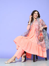 Thumbnail for InWeave Women's Peach Flared Kurta Set With Off White Folral Organza Dupatta - Distacart
