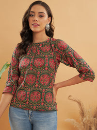 Thumbnail for InWeave Women's Green Red Mughal Kalamkari Top - Distacart