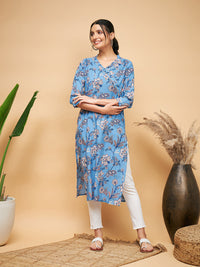 Thumbnail for InWeave Women's Skyblue Pink Floral Angrakha Straight Kurta - Distacart