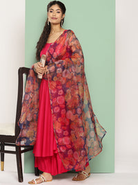Thumbnail for InWeave Women's Fuchsia Sleeveless Kurta Set W Navy Floral Or Dupatta - Distacart