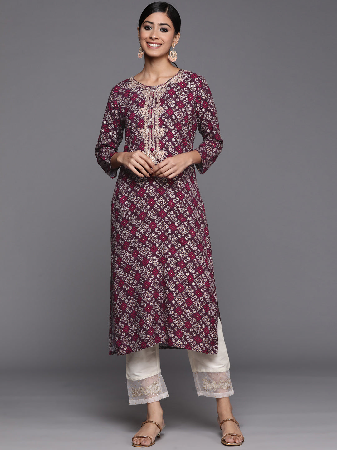 Varanga Violet Bandhani Printed Kurta With Embroidered Yoke - Distacart