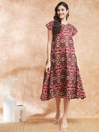 Thumbnail for InWeave Women's Wine Ikkat Print A Line Dress - Distacart