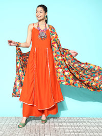 Thumbnail for InWeave Women's Orange Red Gota Strappy Set With Multi Foil Muslin Dupatta - Distacart