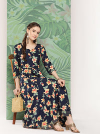 Thumbnail for InWeave Women's Black Tropical Print Gota Long Dress - Distacart