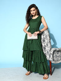 Thumbnail for InWeave Women's Forest Green Gold Print Tiered Sharara Set - Distacart