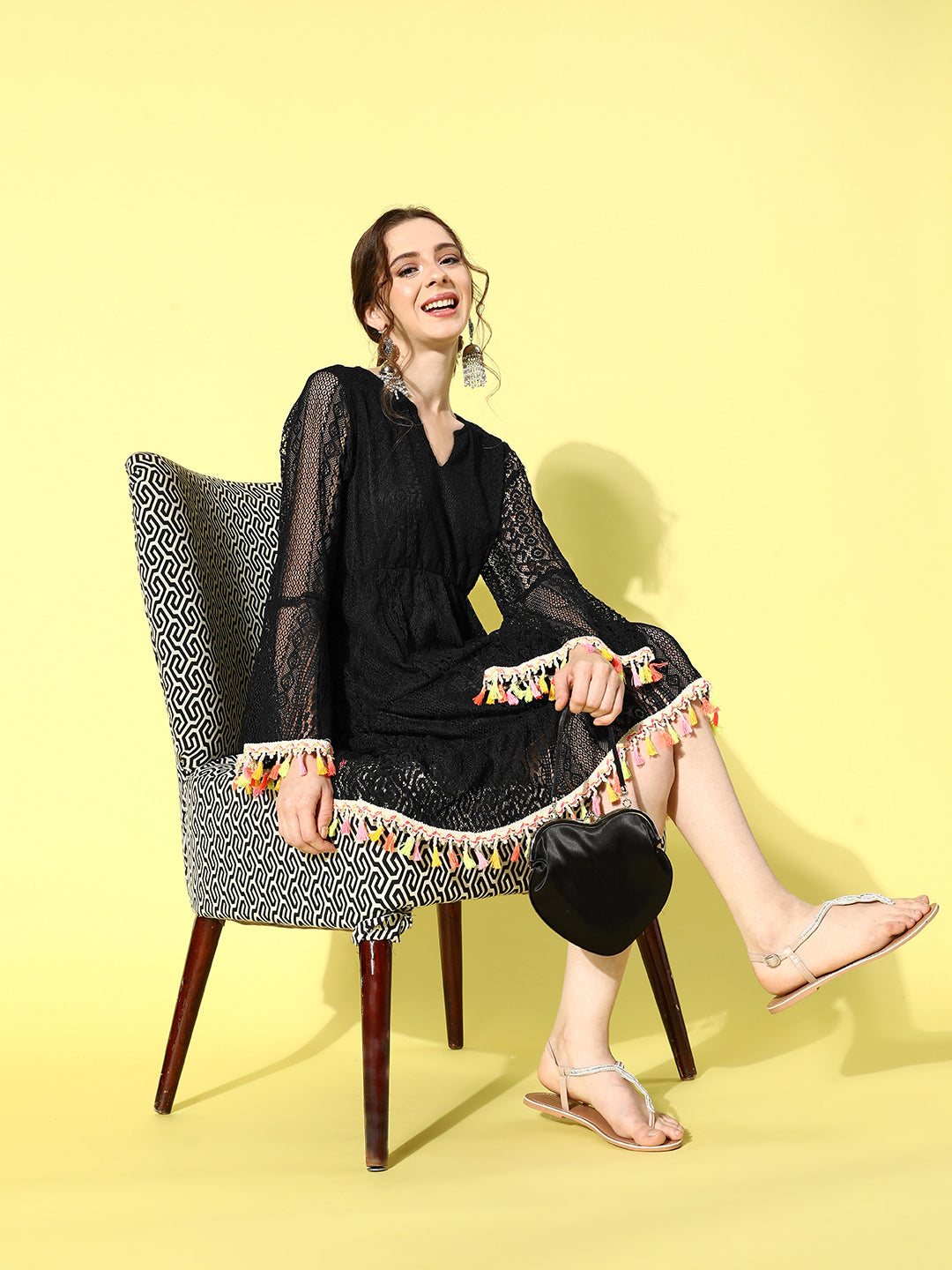 InWeave Women's Black Lacy Dress With Tassles - Distacart