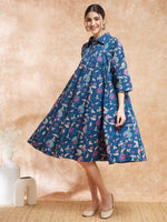 Thumbnail for InWeave Women's Blue Pink Kalamkari Flared Dress - Distacart