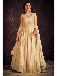 Thumbnail for Myra Cream Real Georgette Designer Gown Style Suit - Distacart